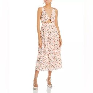 Wayf Jaci Tie Front Cutout Floral Midi Dress Tiered Skirt White Pink M NWT